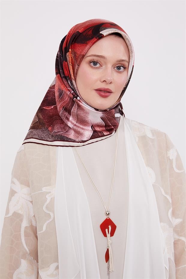 Bordo Soyut Ebruli Desen Twill İpek Eşarp