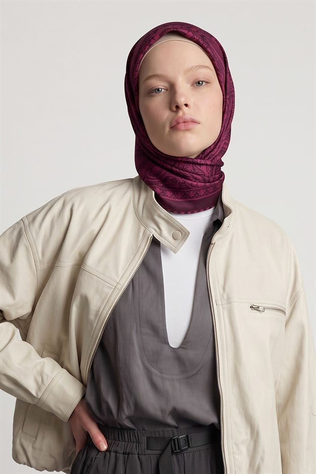Bordo Etnik Desen Twill İpek Eşarp
