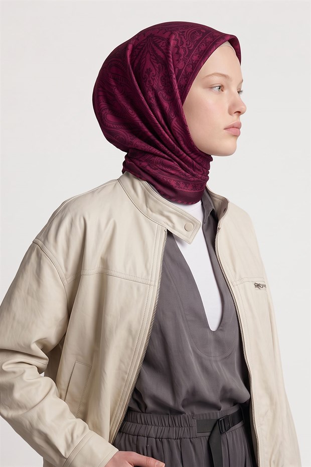 Bordo Etnik Desen Twill İpek Eşarp