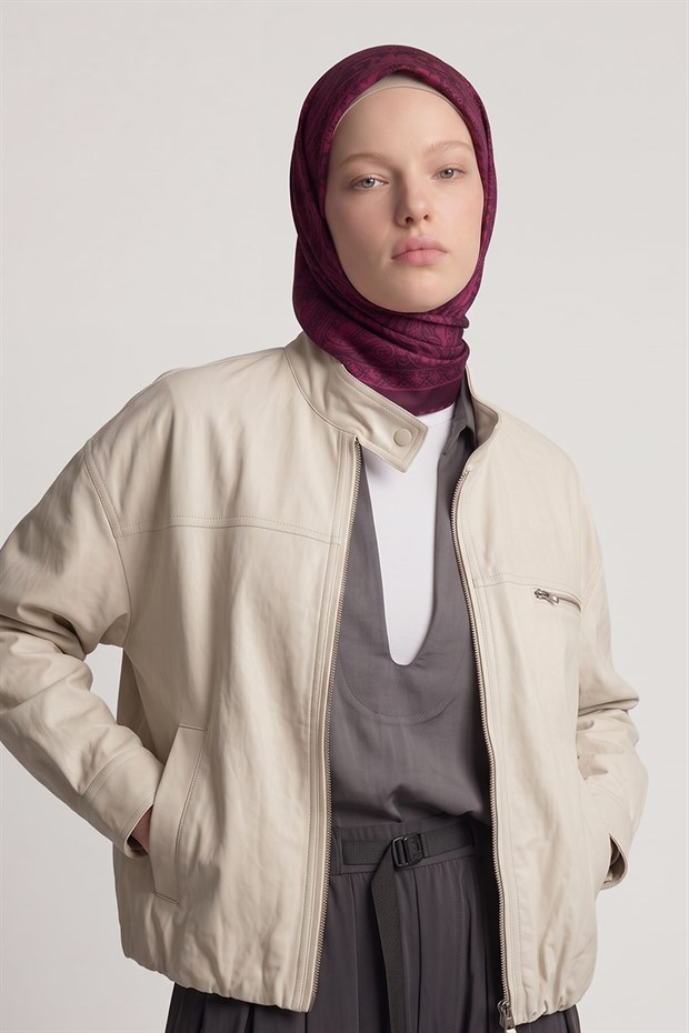 Bordo Etnik Desen Twill İpek Eşarp
