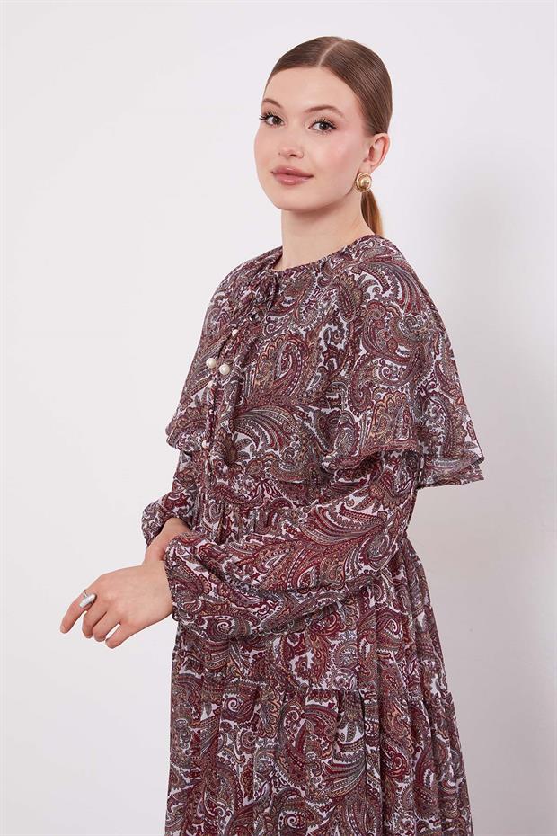 Bordo Etnik Desenli Şifon Elbise