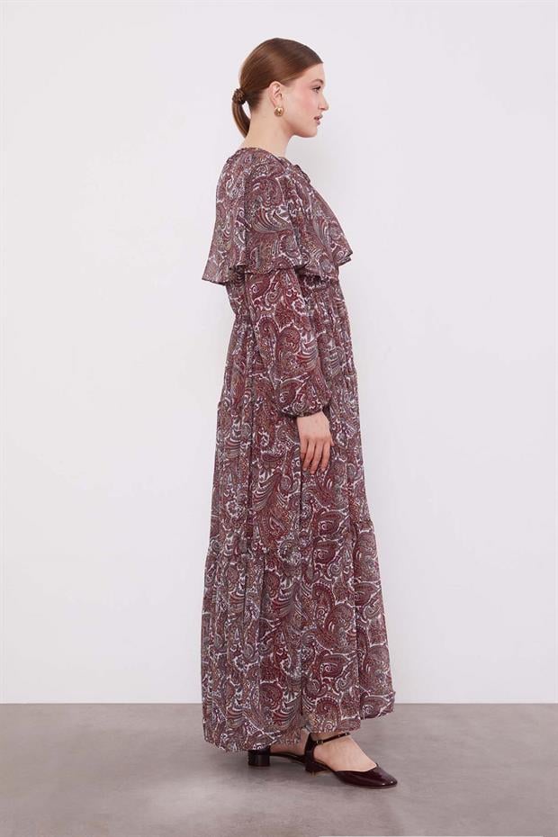 Bordo Etnik Desenli Şifon Elbise