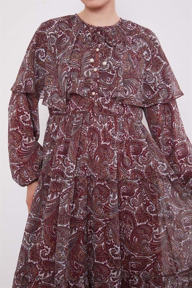 Bordo Etnik Desenli Şifon Elbise