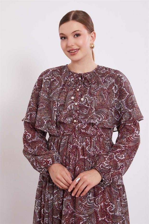 Bordo Etnik Desenli Şifon Elbise