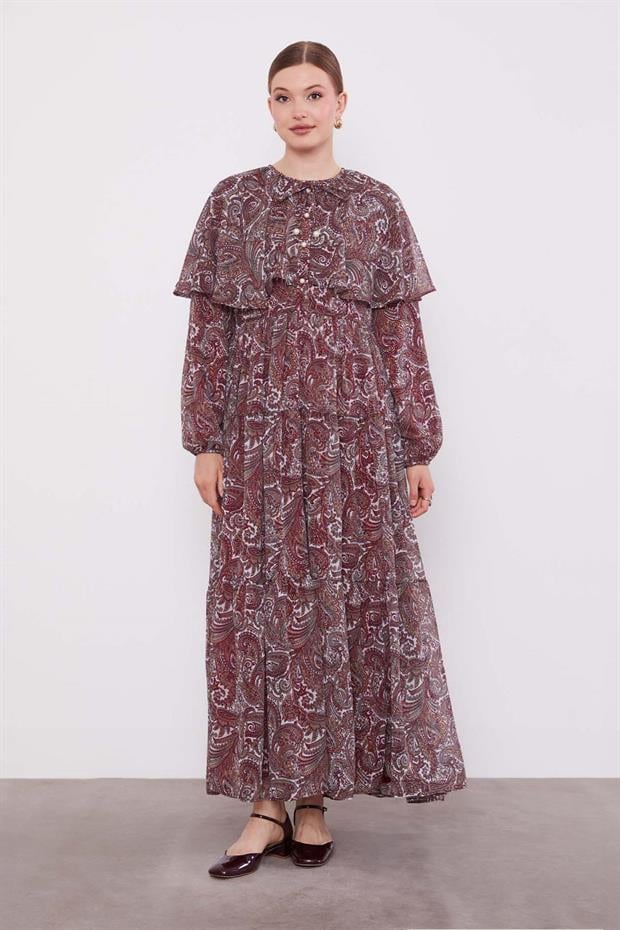 Bordo Etnik Desenli Şifon Elbise