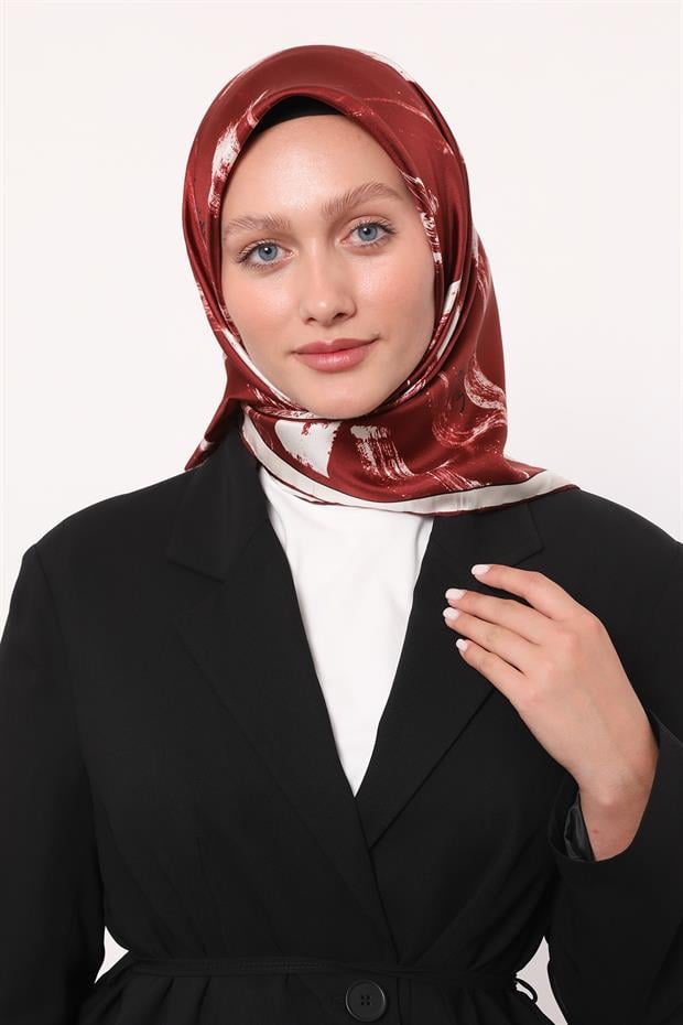 Bordo Fırça İzi Desen Twill İpek Eşarp