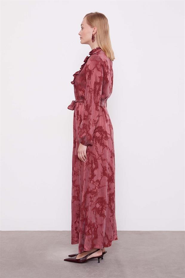 Bordo Fırfır Detaylı Cupra Elbise