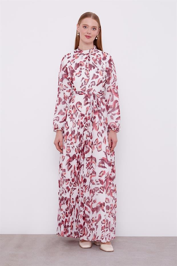 Bordo Fırfır Kol Detaylı Elbise