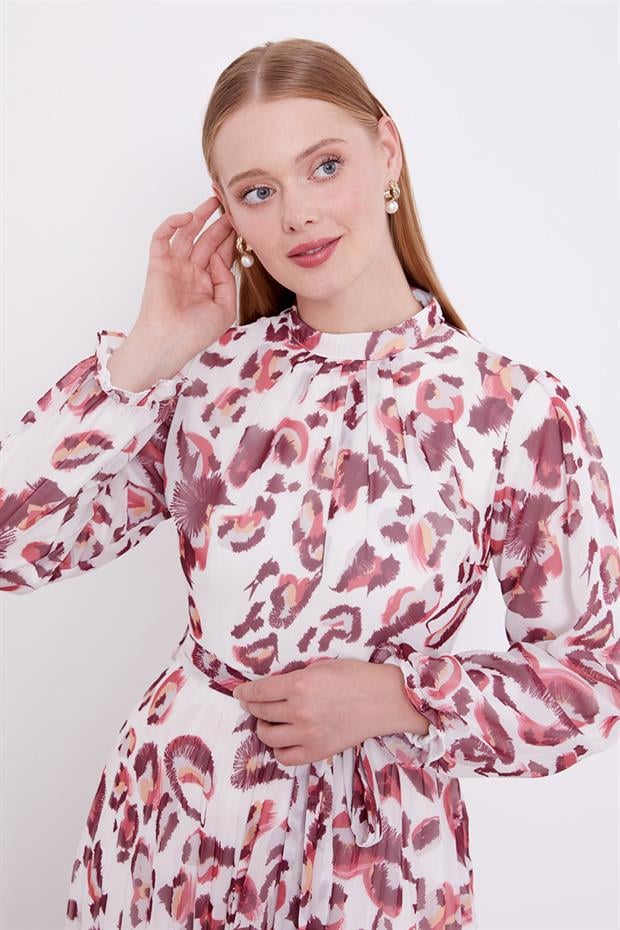 Bordo Fırfır Kol Detaylı Elbise