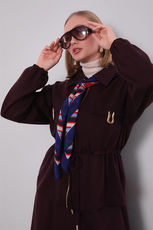 Bordo Gold Fermuar Detaylı Etek Takım