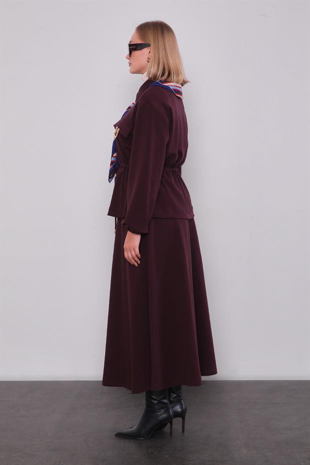 Bordo Gold Fermuar Detaylı Etek Takım