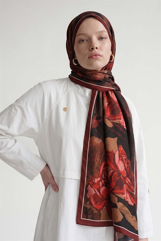 Bordo Gül Desen Royal Şal