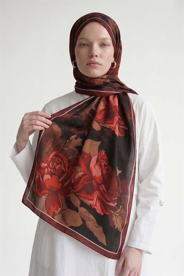 Bordo Gül Desen Royal Şal