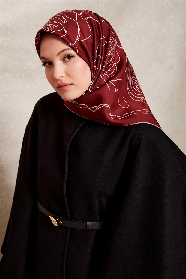 Bordo Gül Desen Twill İpek Eşarp