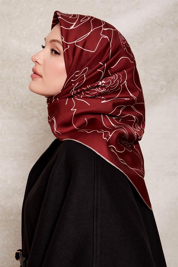 Bordo Gül Desen Twill İpek Eşarp