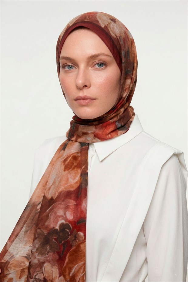 Bordo Gül Desenli Tencel Şal