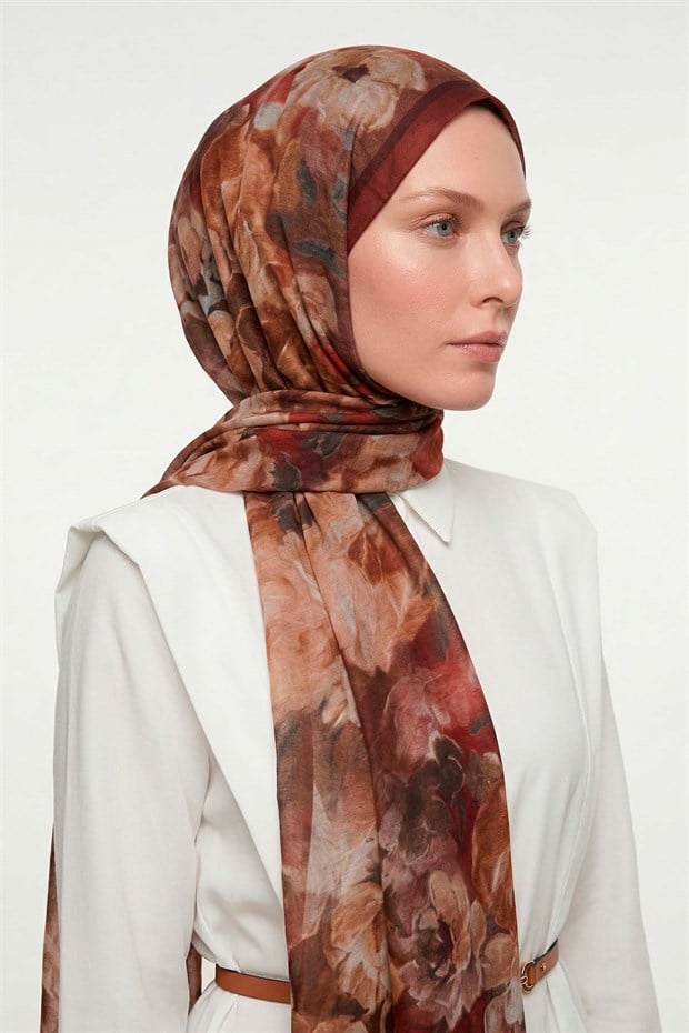 Bordo Gül Desenli Tencel Şal