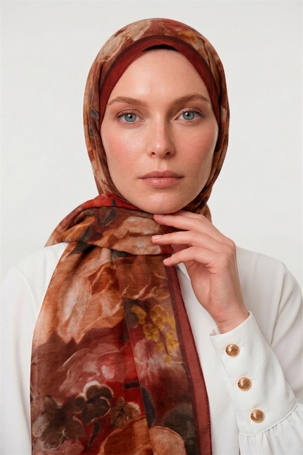 Bordo Gül Desenli Tencel Şal