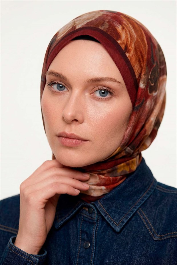 Bordo Gül Desenli Tencel Şal