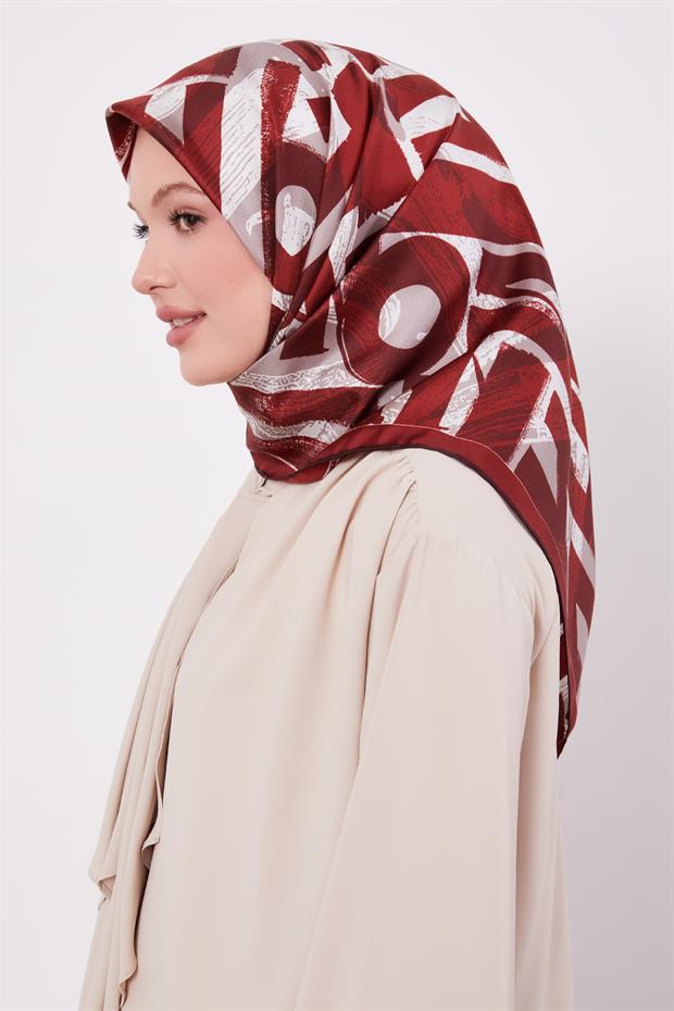 Bordo Harf Baskılı Twill İpek Eşarp