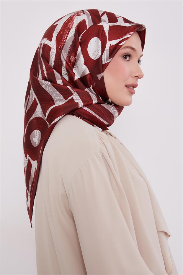 Bordo Harf Baskılı Twill İpek Eşarp