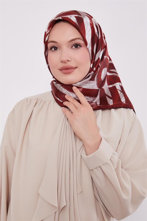 Bordo Harf Baskılı Twill İpek Eşarp