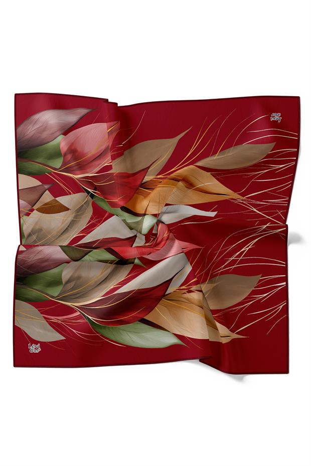 Bordo İnce Yaprak Desen Twill İpek Eşarp
