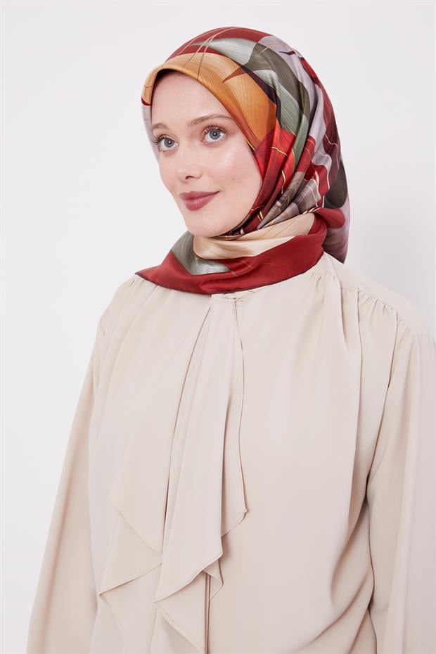 Bordo İnce Yaprak Desen Twill İpek Eşarp