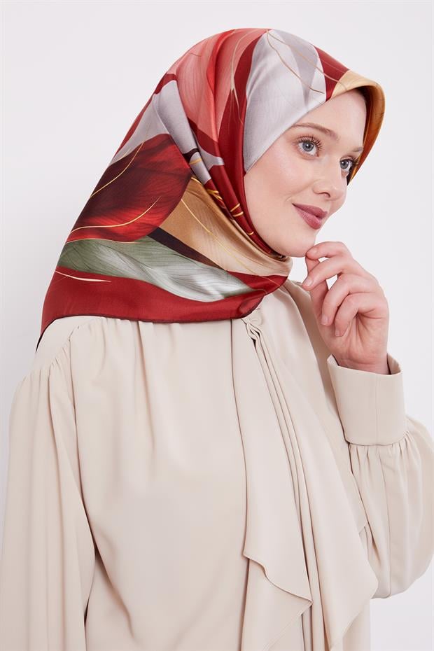 Bordo İnce Yaprak Desen Twill İpek Eşarp