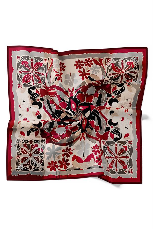 Bordo Karışık Çiçek Desen Twill İpek Eşarp