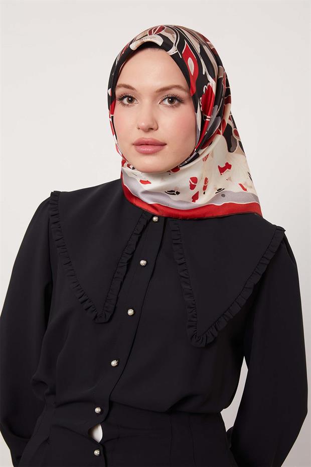Bordo Karışık Çiçek Desen Twill İpek Eşarp