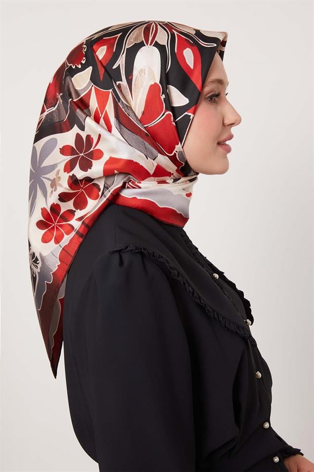 Bordo Karışık Çiçek Desen Twill İpek Eşarp