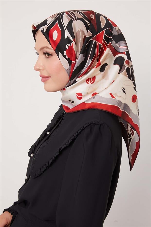 Bordo Karışık Çiçek Desen Twill İpek Eşarp