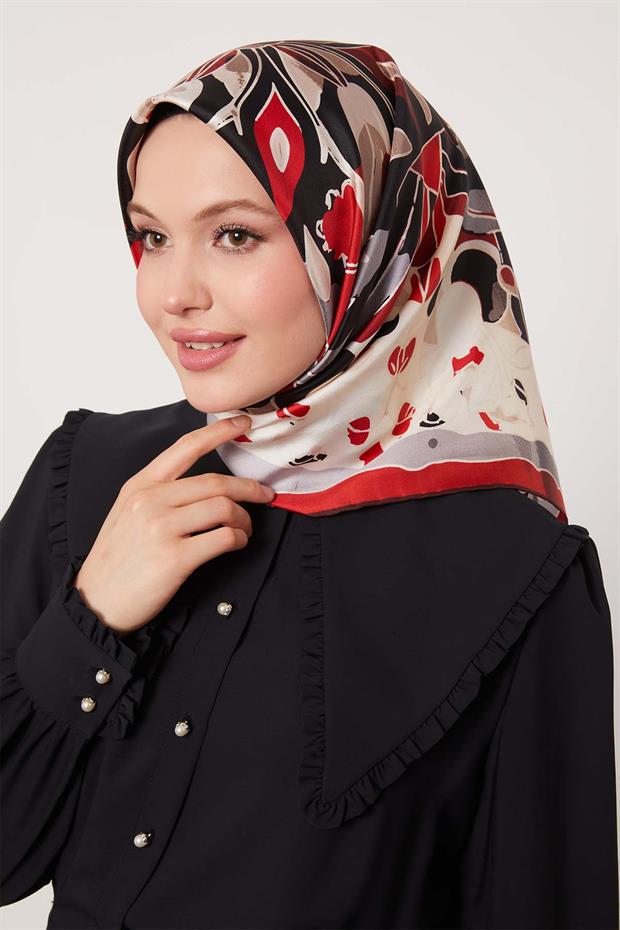 Bordo Karışık Çiçek Desen Twill İpek Eşarp