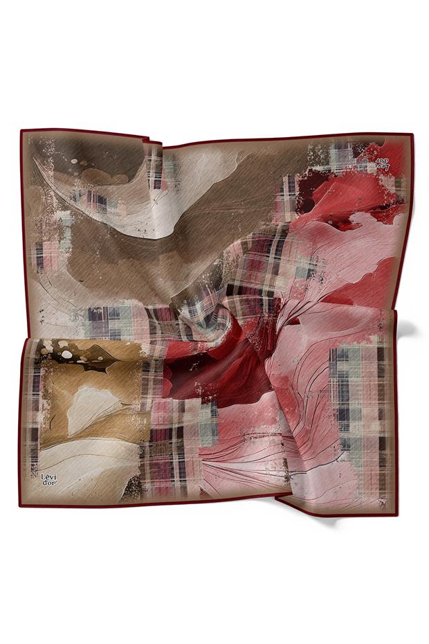 Bordo İnce Çizgi Desen Twill İpek Eşarp