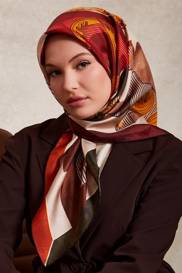 Bordo Karışık Desen Twill İpek Eşarp