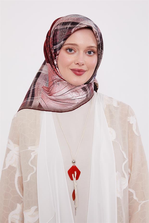 Bordo İnce Çizgi Desen Twill İpek Eşarp