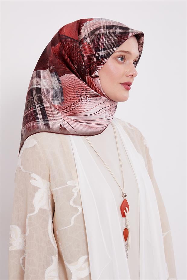 Bordo İnce Çizgi Desen Twill İpek Eşarp