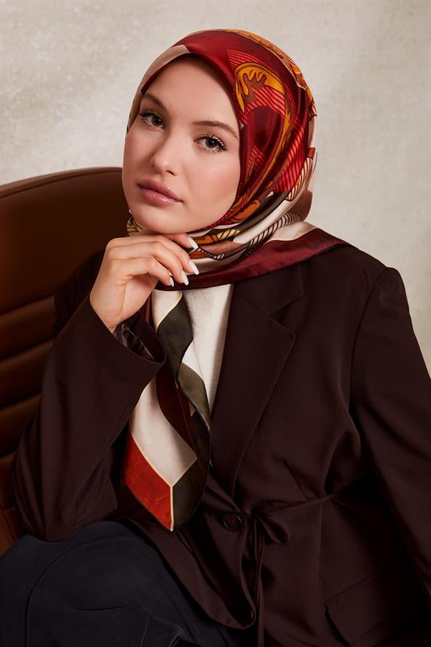 Bordo Karışık Desen Twill İpek Eşarp