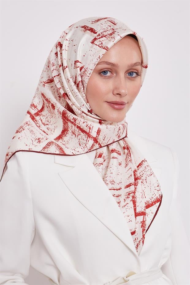 Bordo Karışık Fırça Desen Twill İpek Eşarp