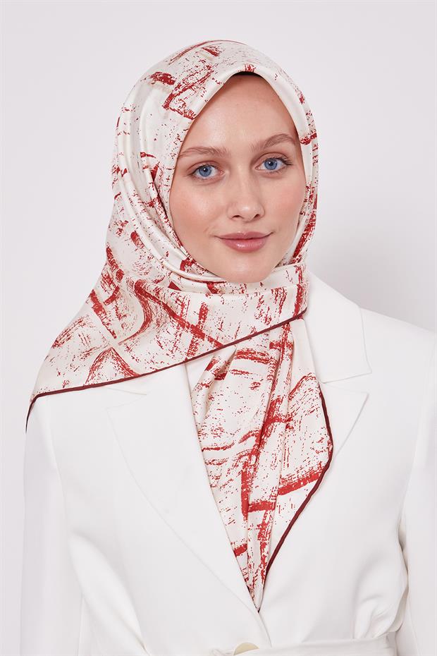 Bordo Karışık Fırça Desen Twill İpek Eşarp