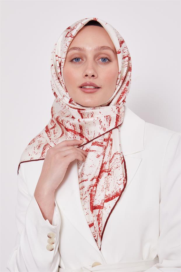 Bordo Karışık Fırça Desen Twill İpek Eşarp