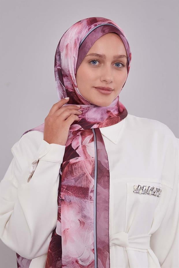 Bordo Karışık Yaprak Desen Hint İpeği Şal
