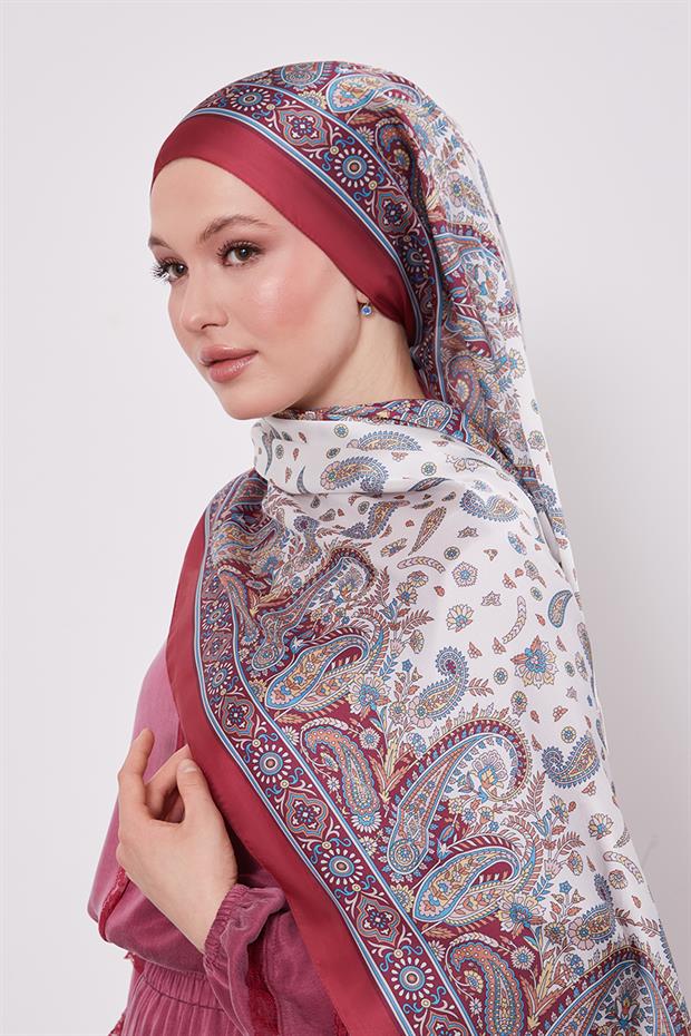 Bordo Karma Çiçek Hint İpeği Şal