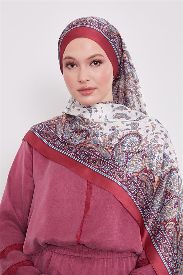 Bordo Karma Çiçek Hint İpeği Şal