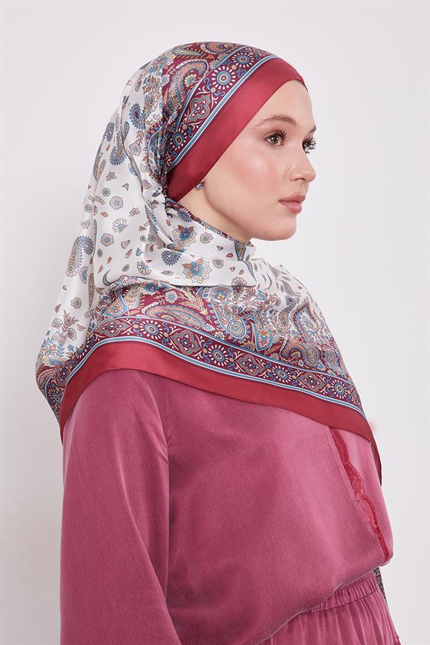 Bordo Karma Çiçek Hint İpeği Şal