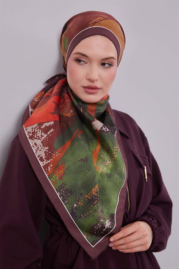 Bordo Karma Desenli Twill İpek Eşarp