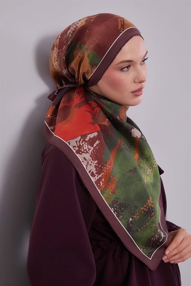 Bordo Karma Desenli Twill İpek Eşarp
