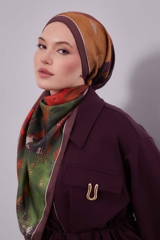 Bordo Karma Desenli Twill İpek Eşarp