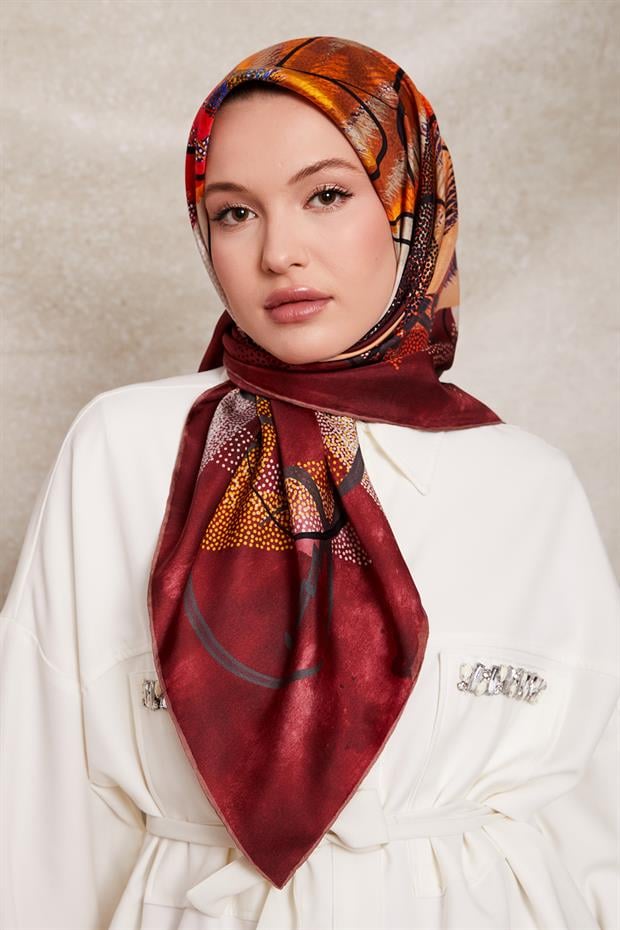 Bordo Karışık Benek Desen Twill İpek Eşarp